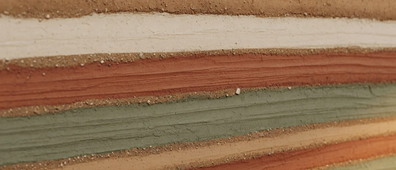 Rammed-earth wall strata in warm ochre, terracotta and sage bands, layered by hand.